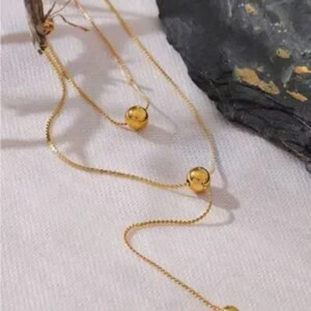 18K Gold Plated Stainless Steel Round Bead Long Layered Necklace